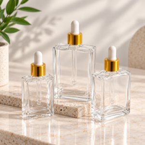 Classic Square Clear Glass Dropper Bottle with Gold Cap