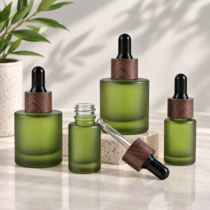Flat Matte Green Glass Dropper Bottle with Black Wood-Style Lid