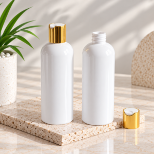 White Plastic Lotion Pump Bottle with Gold Cap